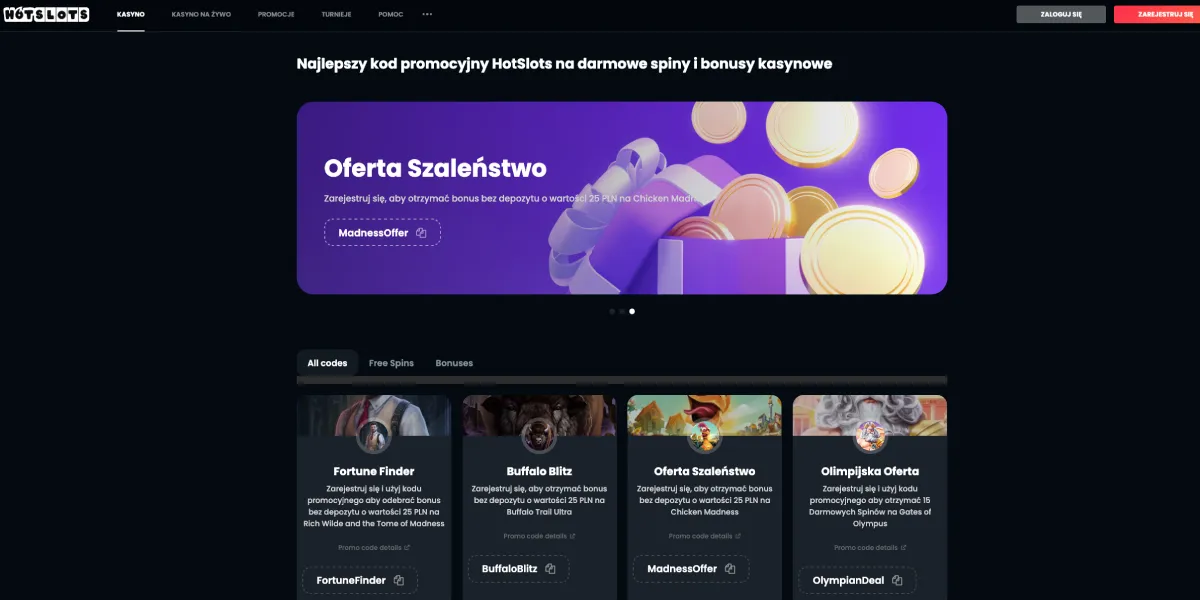 Podgląd strony z kodami promocyjnymi Kasyna HotSlots