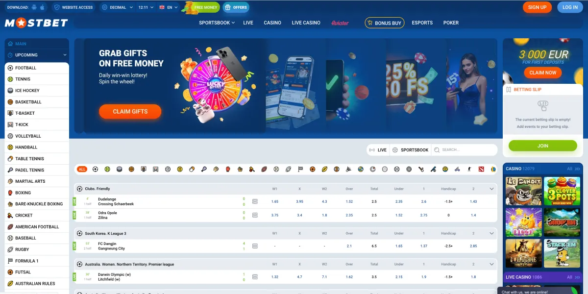 Podgląd zakładów sportowych Mostbet