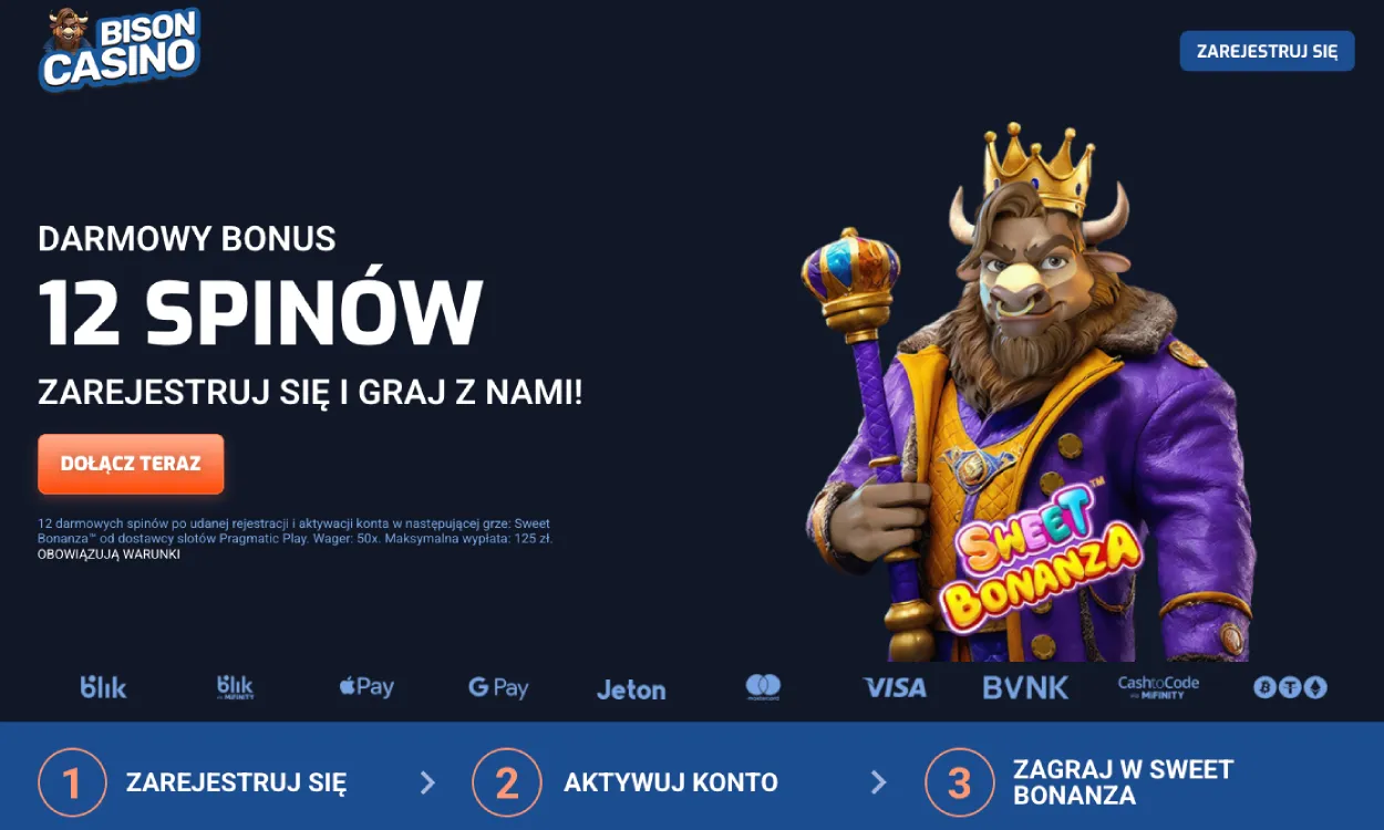 Bison Casino 12 darmowych spinów bez depozytu – podgląd oferty